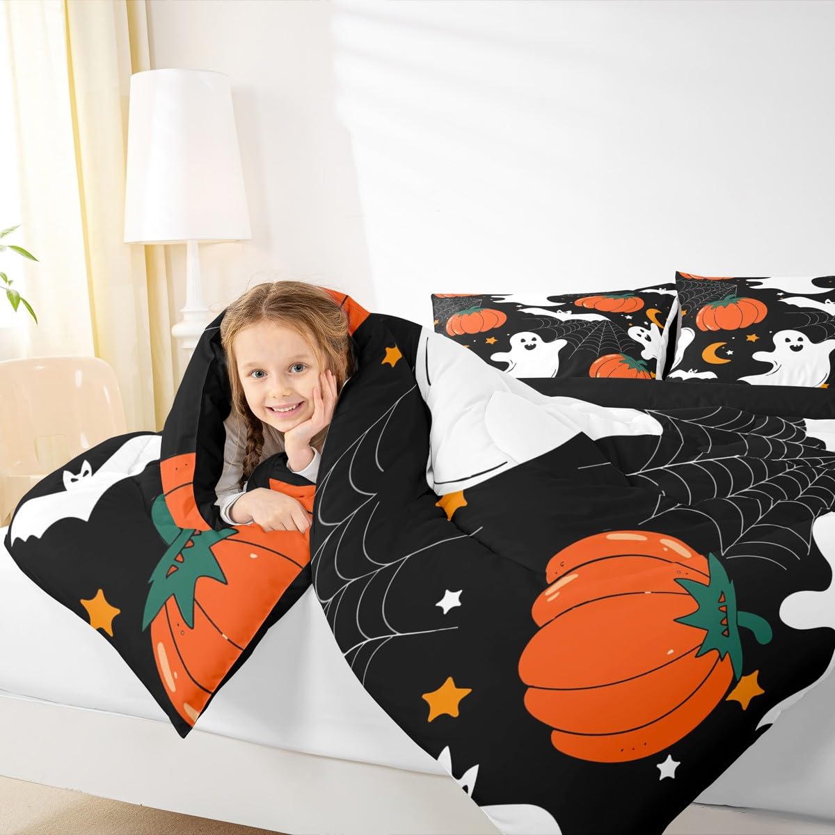 Feelyou Halloween Ghost Comforter Set for Girls Boys Kids Pumpkin Lantern Comforter Room Decorative Spider Web Bat Print Bedding Set Halloween Theme Duvet Set 3Pcs with 2 Pillow Case Queen Size