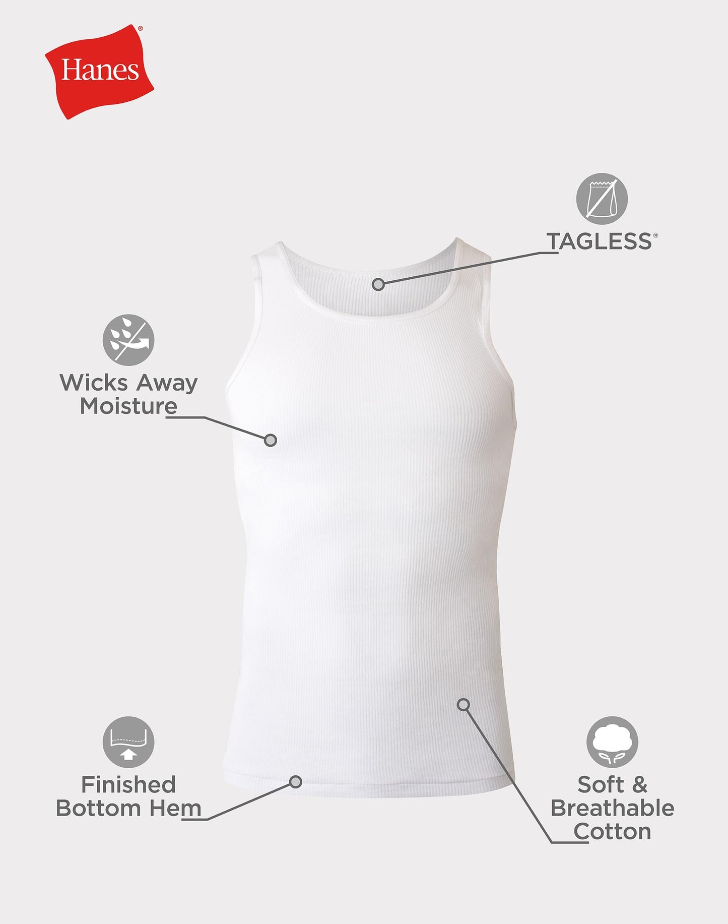 Hanes Men Tank Top Undershirt Pack, Cool & Breathable Cotton, Moisture-Wicking Ribbed Tanks for Men, White - L