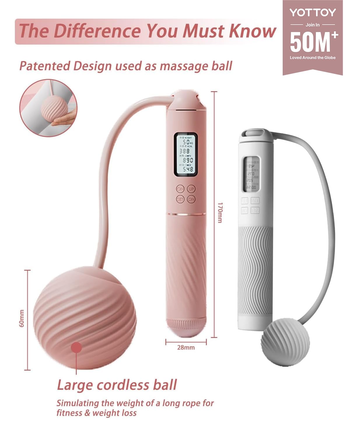 YOTTOY Cordless Jump Rope with Counter - Ropeless Jump Rope 2 In 1 with Large Cordless Ball-Weighted for Women with LCD Display (Pink)