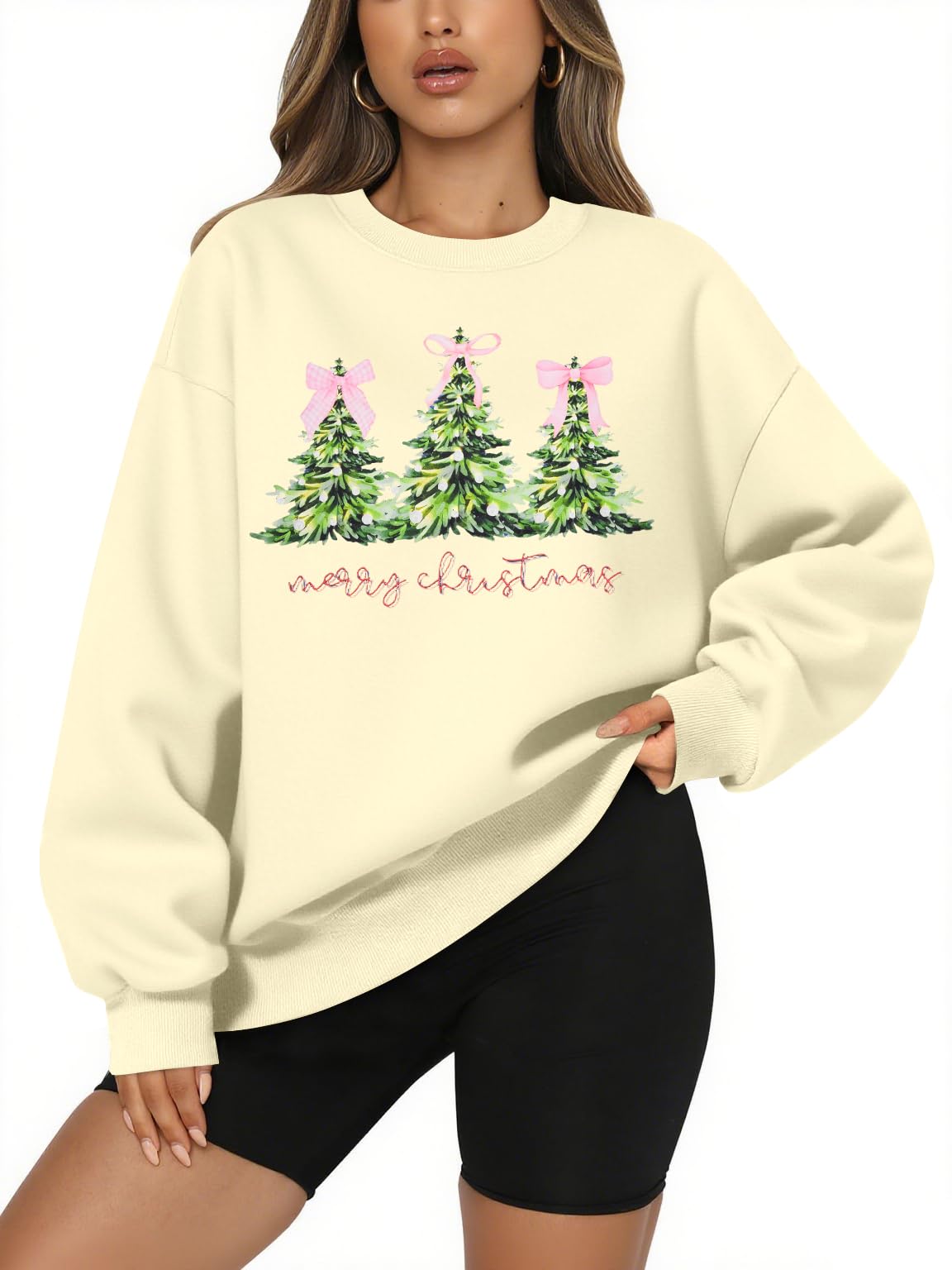 QLIPIN Merry Christmas Sweatshirt Women Christmas Bow Sweater Christmas Tree Sweatshirts Oversized Holiday Ugly Sweaters
