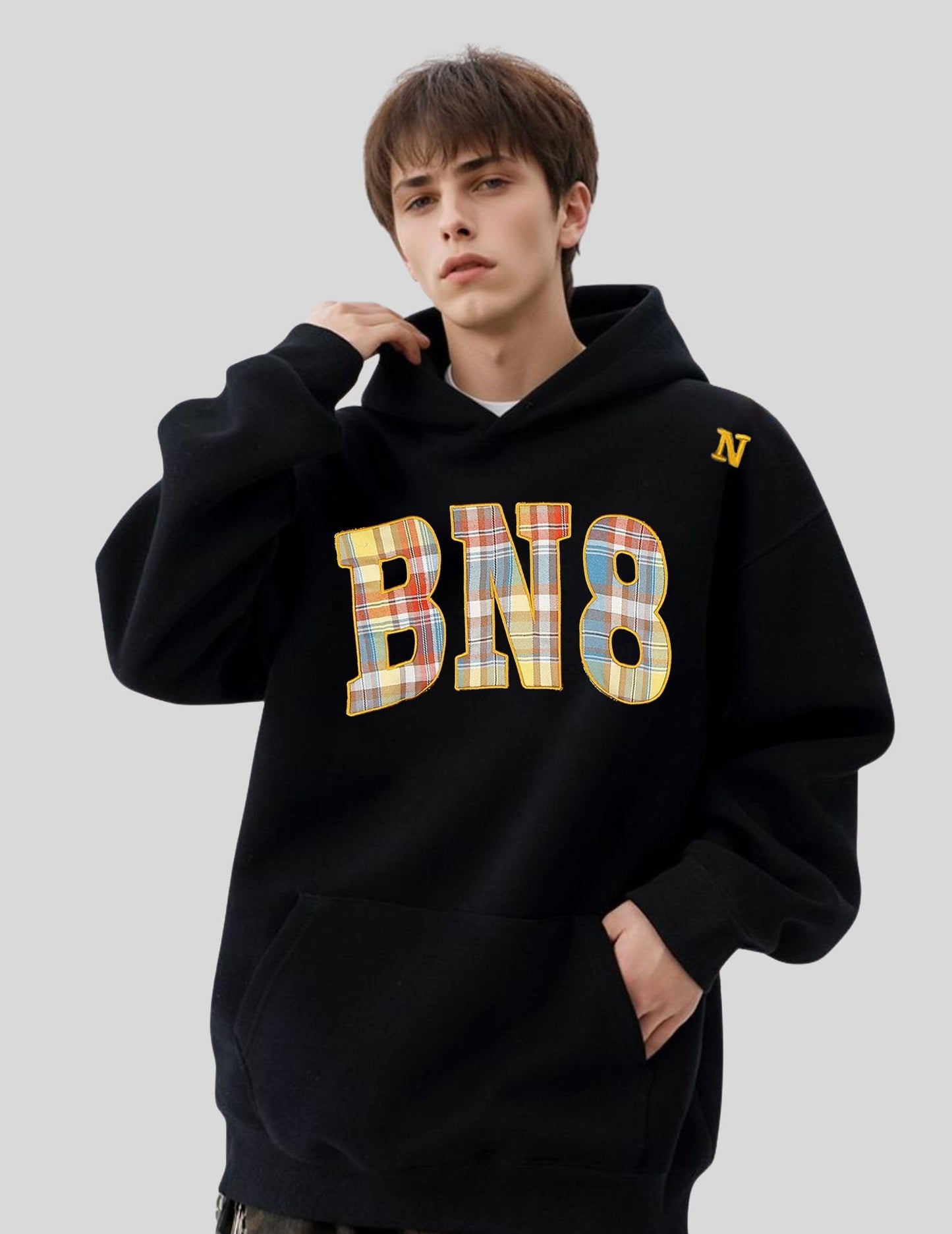 Vamtac Mens Oversized Hoodie Graphic Fall Hoodies Plaid Y2K Casual Vintage Hoodied Pullover Sweatshirts, Black, X-Large