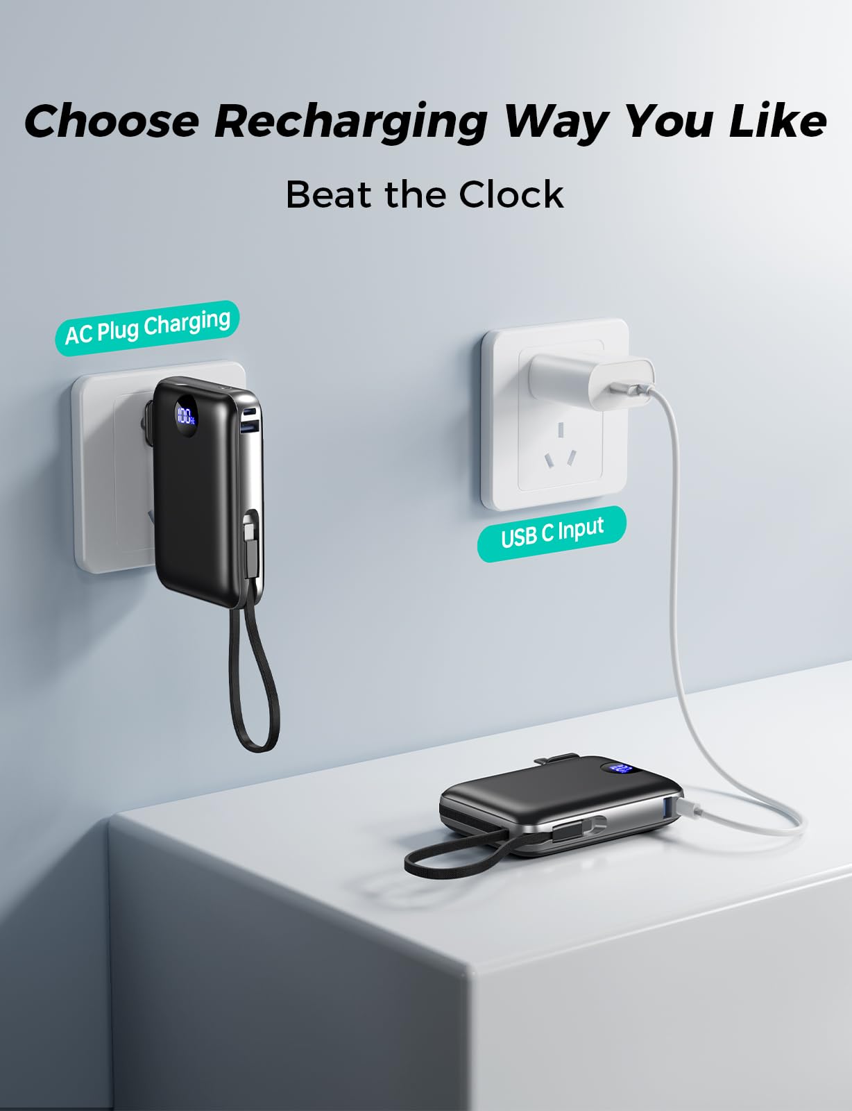 Portable Charger with Built in Cables & Wall Plug,10000mAh Power Bank, 4 Outputs,22.5W USB C Fast Charging,Slim Travel Essential Battery Pack with LED Display for iPhone 17/16/15/14 Series, Samsung