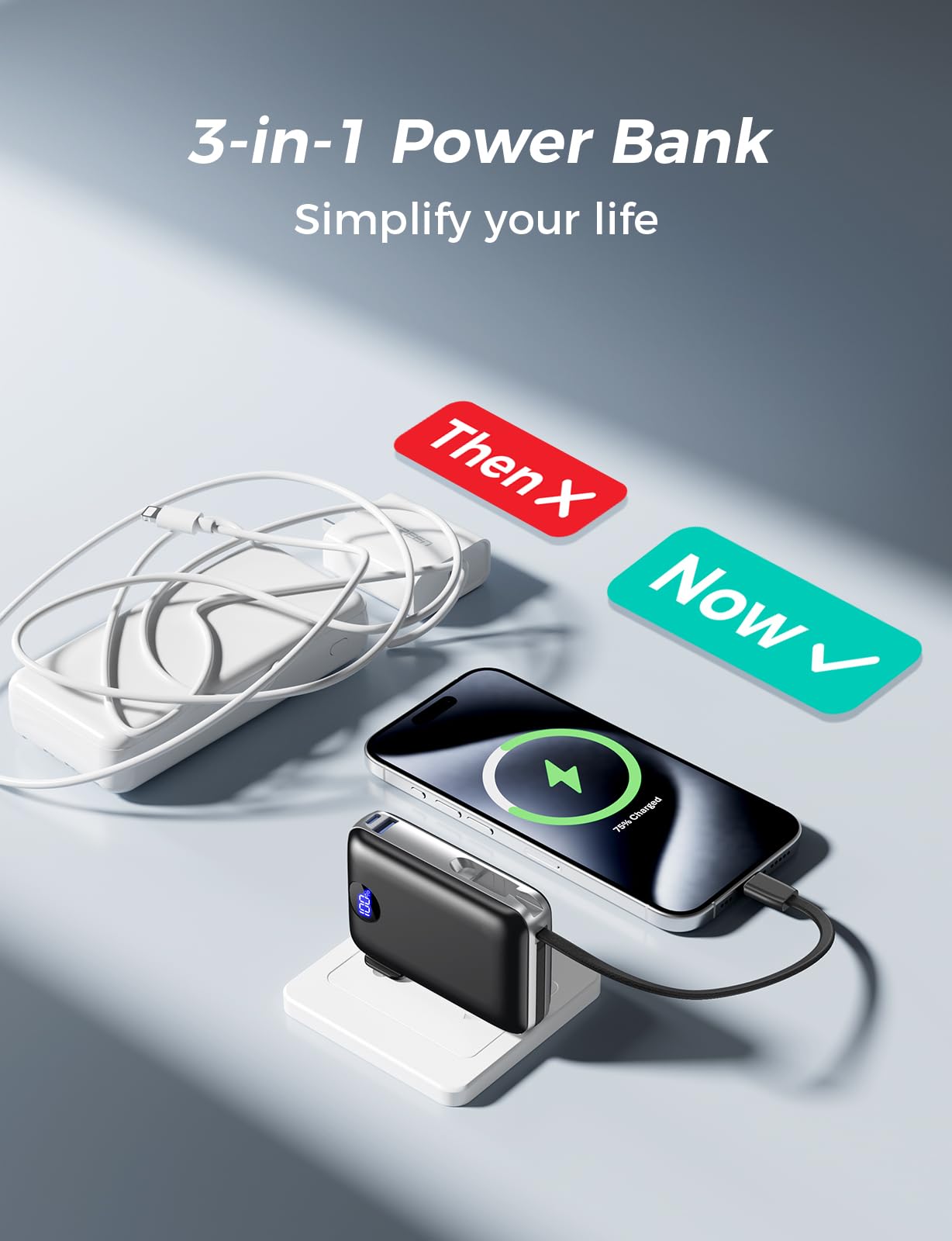 Portable Charger with Built in Cables & Wall Plug,10000mAh Power Bank, 4 Outputs,22.5W USB C Fast Charging,Slim Travel Essential Battery Pack with LED Display for iPhone 17/16/15/14 Series, Samsung