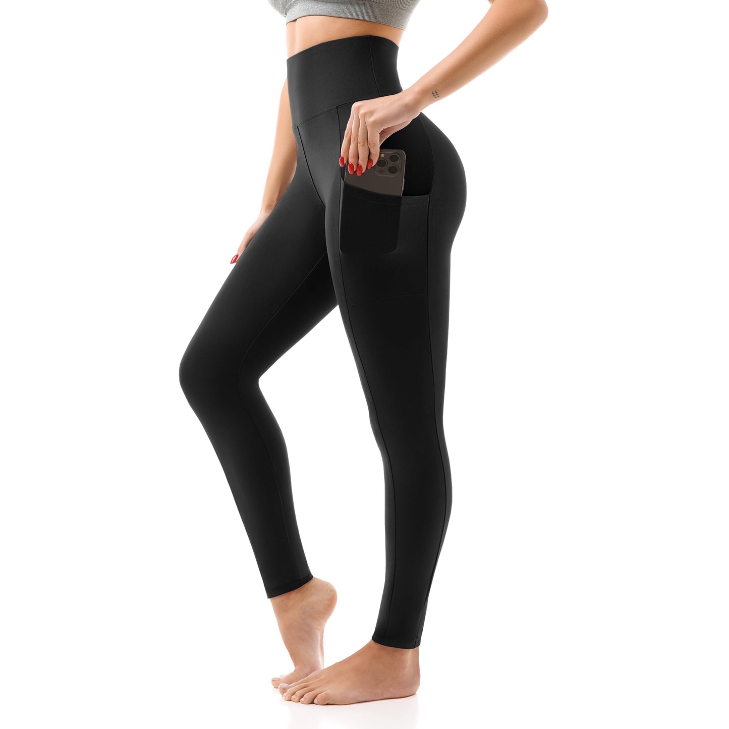 SINOPHANT High Waisted Leggings with Pockets Women, Full Length Capri Buttery Soft Stretchy Yoga Pants(Full Black,S-M)