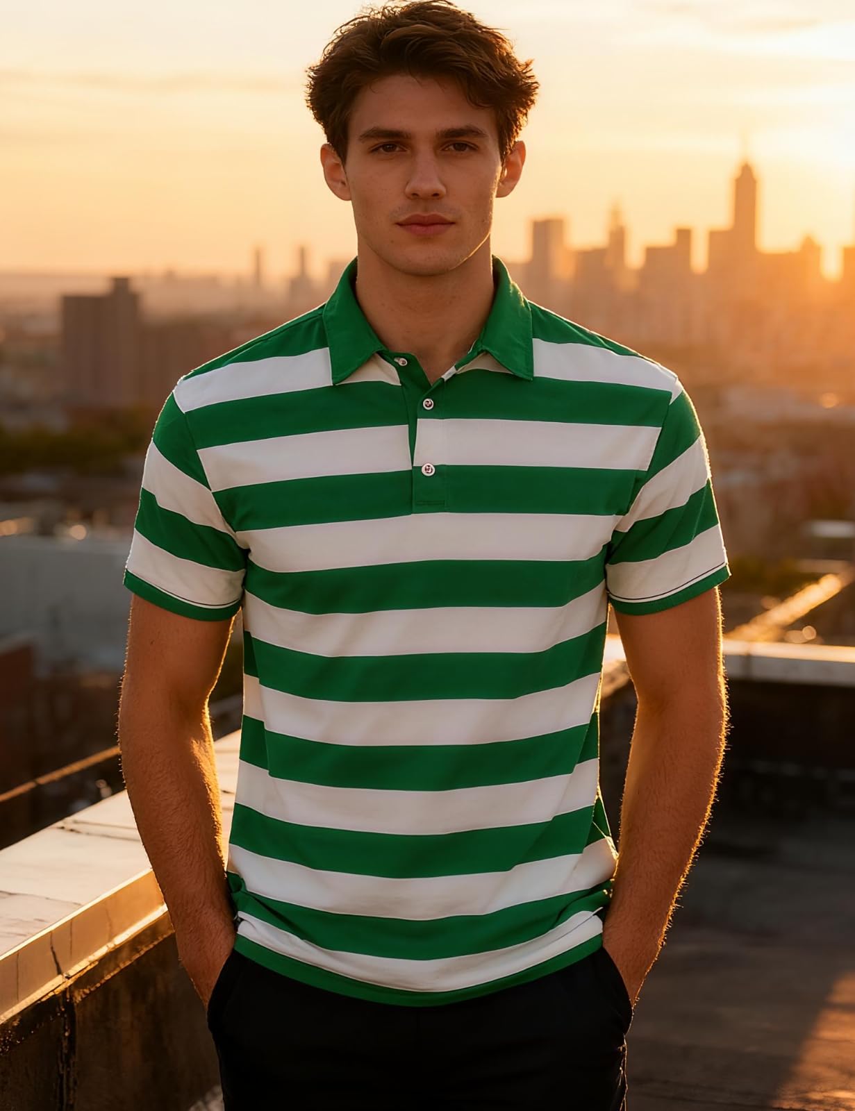 Funny World Green and White Striped Irish Polo Shirt for Men Cotton Short Sleeve St Patricks Day Striped Golf Shirts, Green and White, Medium