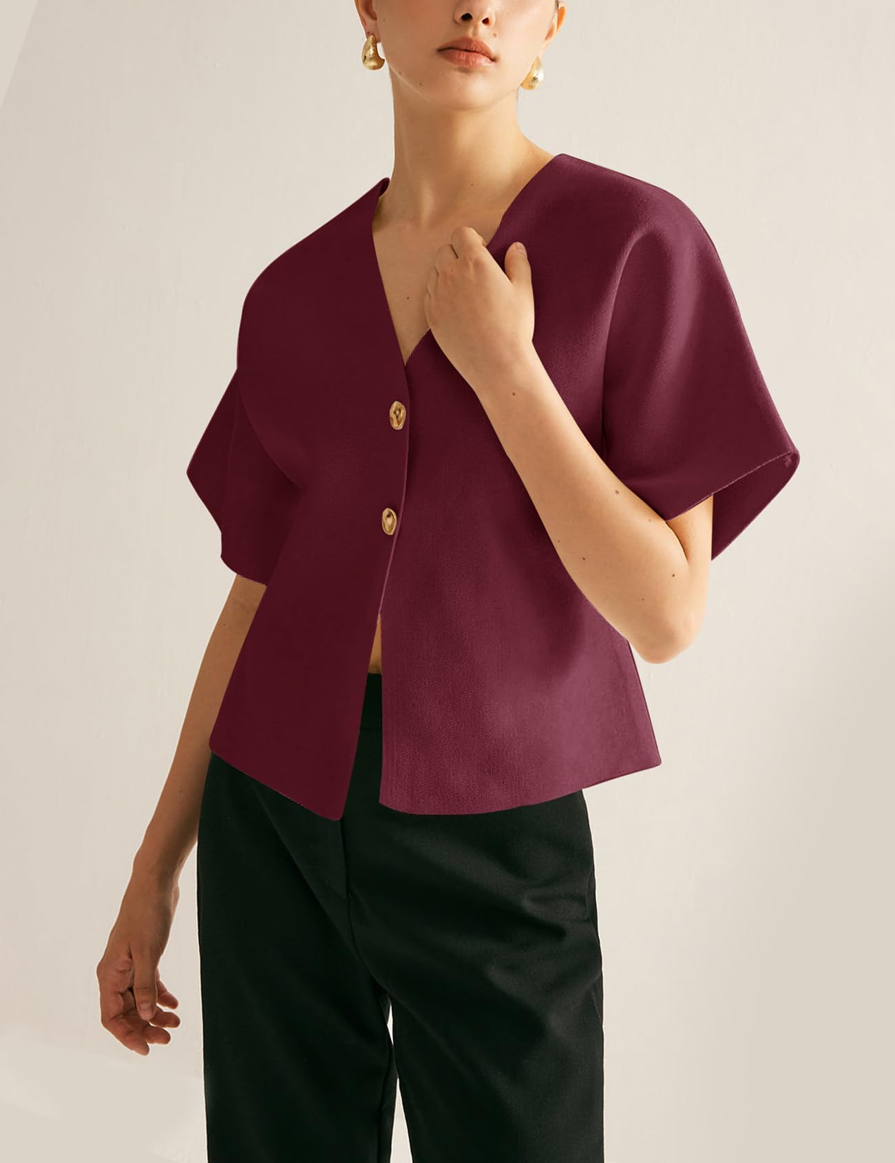 hathne Women's V Neck Short Sleeve Cardigan Sweater Button Down Ribbed Knit Tops(Wine Red,S