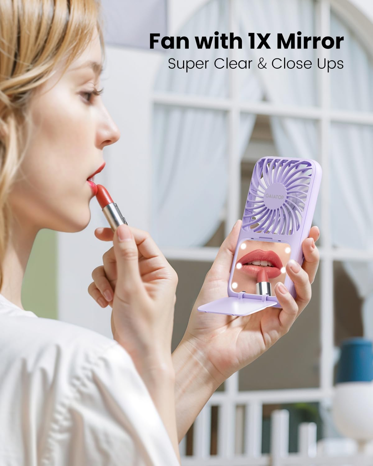 Gaiatop Portable Handheld Fan, 3 Speed LED Makeup Mirror with Light, Folding Stand for Desktop, Rechargeable Mini Personal Fans Small Travel Essentials Gifts for Women Girls