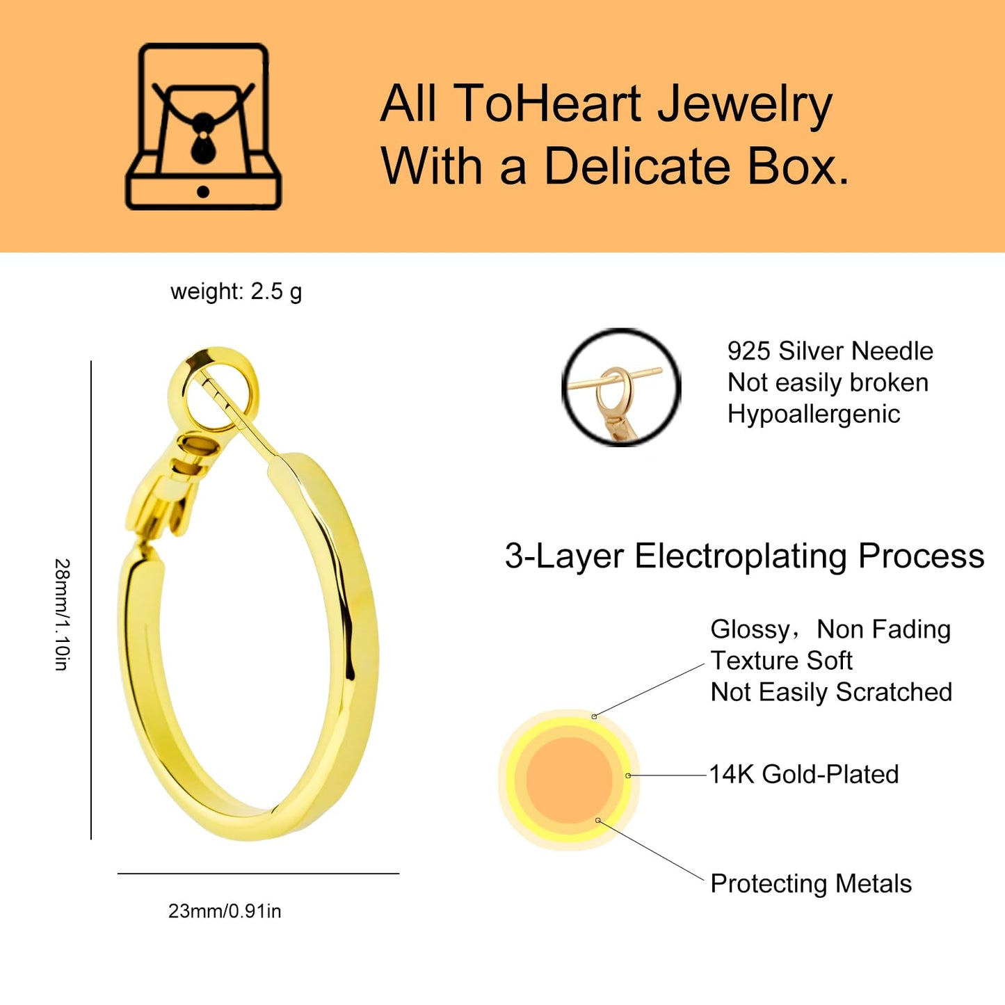 ToHeart Thick Gold Hoop Earrings for Womens Lightweight Hypoallergenic 14K Chunky Gold Hoop Earrings