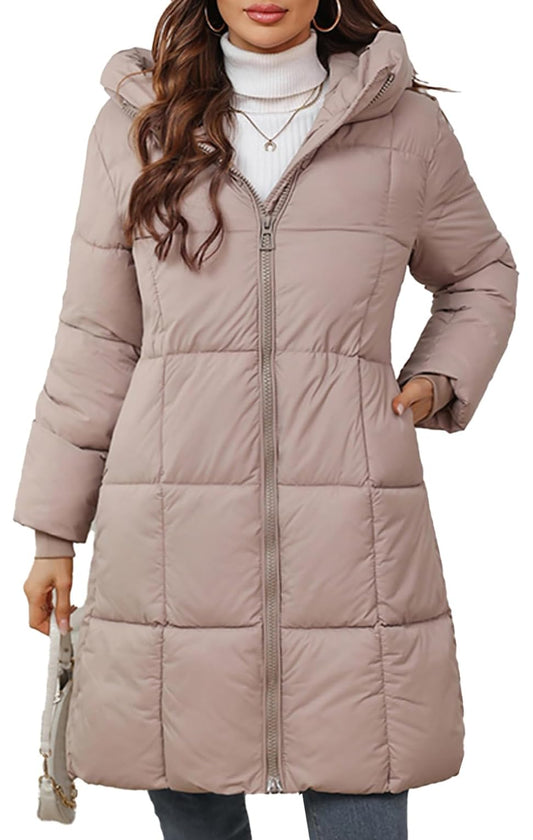 hathne Women's Winter Long Puffer Coat Hooded Lightweight Padded Jacket Outerwear with Pockets(Khaki,L)