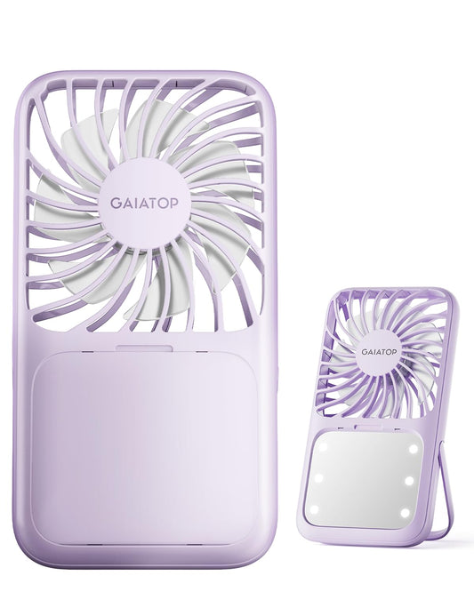 Gaiatop Portable Handheld Fan, 3 Speed LED Makeup Mirror with Light, Folding Stand for Desktop, Rechargeable Mini Personal Fans Small Travel Essentials Gifts for Women Girls