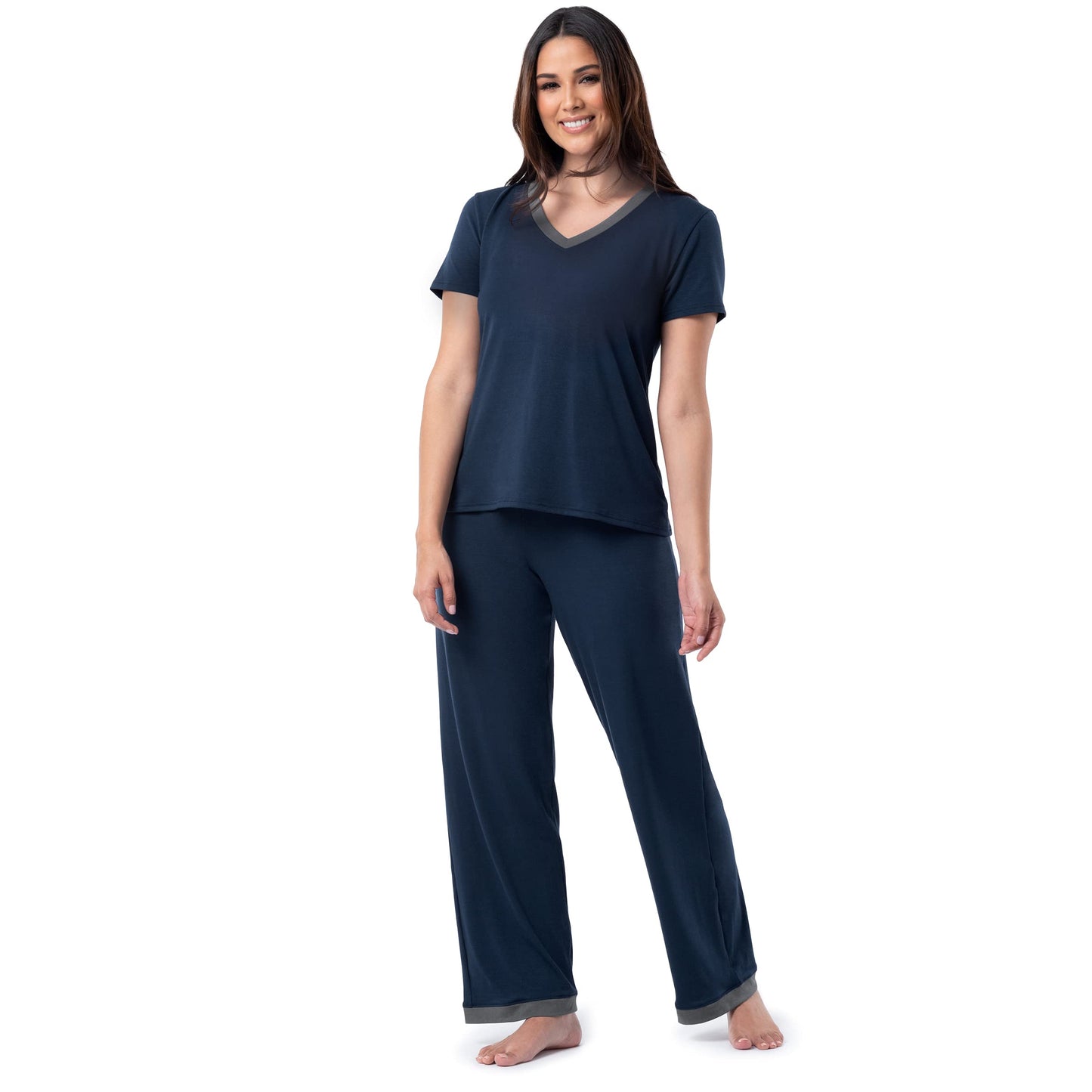 Fruit of the Loom Women's Short Sleeve Tee and Pant 2 Piece Sleep Set, Midnight Blue, Medium