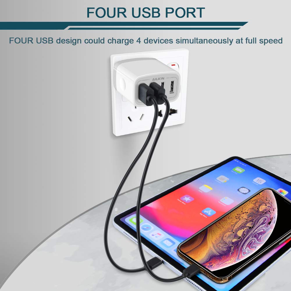 USB Charger Cube, Wall Charger Plug, AILKIN 4.8A 4-Muti Port USB Adapter Power Plug Charging Station Box Base Replacement for iPhone 15 14 13 12 16 Pro Max/X/17, iPad Samsung Phones Charging Block