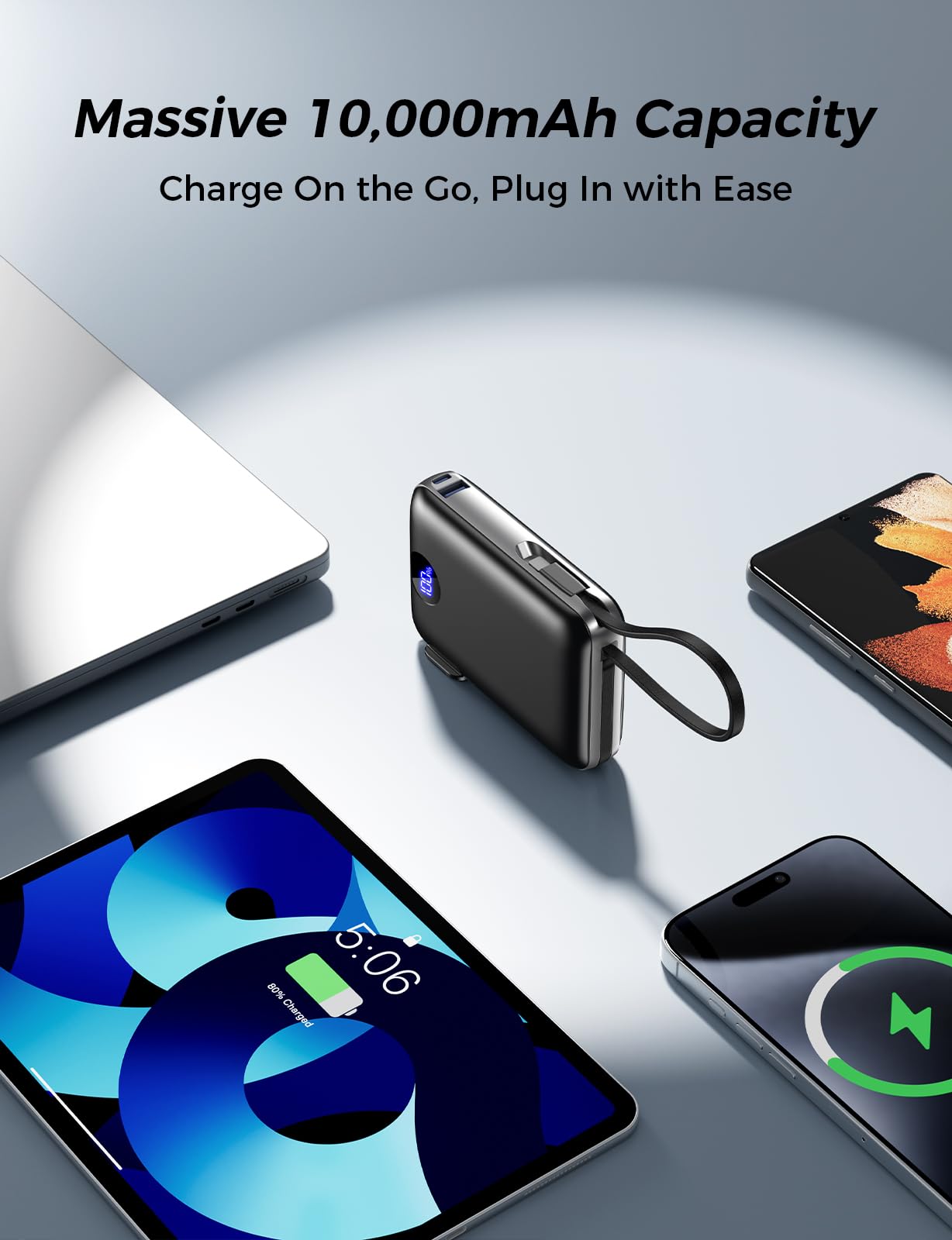 Portable Charger with Built in Cables & Wall Plug,10000mAh Power Bank, 4 Outputs,22.5W USB C Fast Charging,Slim Travel Essential Battery Pack with LED Display for iPhone 17/16/15/14 Series, Samsung
