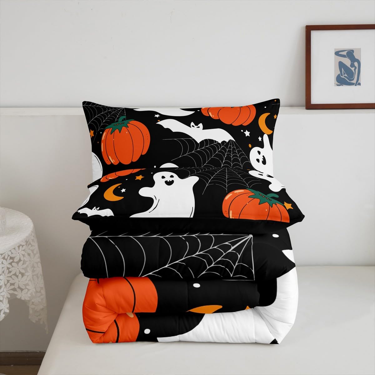 Feelyou Halloween Ghost Comforter Set for Girls Boys Kids Pumpkin Lantern Comforter Room Decorative Spider Web Bat Print Bedding Set Halloween Theme Duvet Set 3Pcs with 2 Pillow Case Queen Size