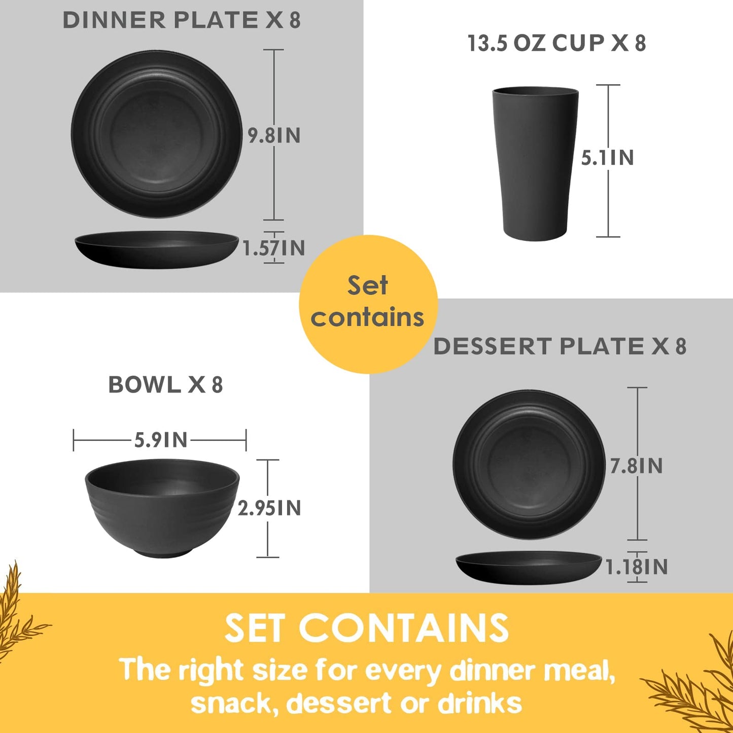 Teivio 32-Piece Kitchen Plastic Wheat Straw Dinnerware Set, Service for 8, Unbreakable Modern Dish Set - Dinner Plate/Dessert Plate/Cereal Bowl/Cup, for Apartment Essentials, Outdoor Camping,Black
