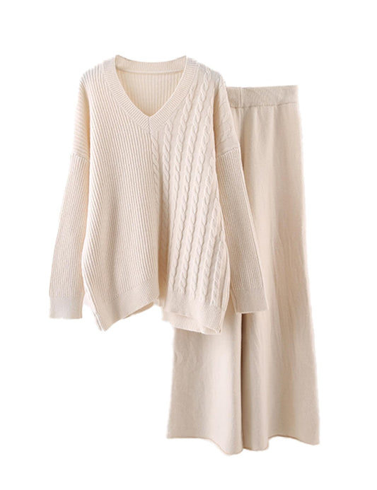 hathne 2 Piece Outfits for Women Sweater and High Waist Wide Leg Pants Lounge Sets Long Sleeve Knit V Neck Pullover (White,Small)