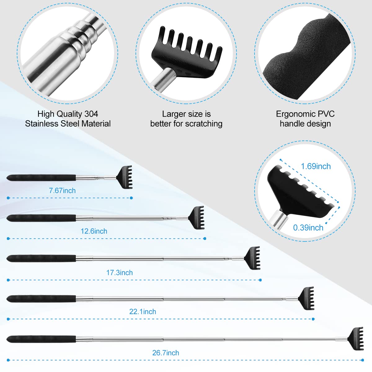 Yeipis 3 Pack Different Back Scratcher Metal Portable Telescoping with Rubber Handles, Extendable Back Massager Tool with Beautiful Box, Stocking Stuffers for Men Women Christmas Presents(Black)