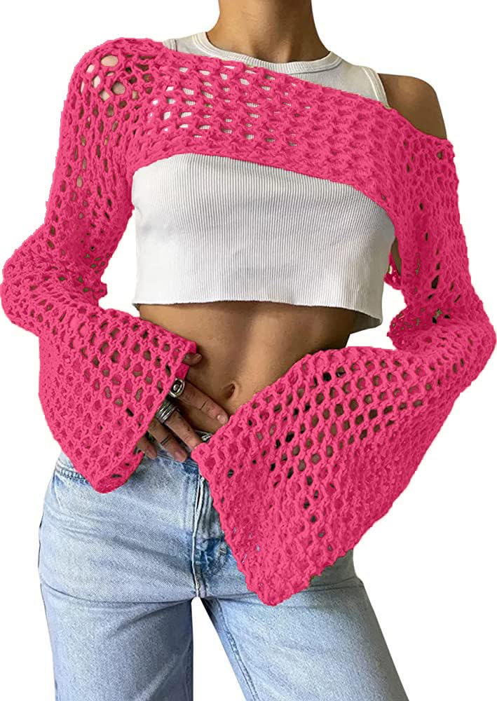 hathne Women Hollow Out Sweater Crop Flounce Off See Through Crochet Top Trumpet Long Sleeve Knit Top(Rose Red,S)