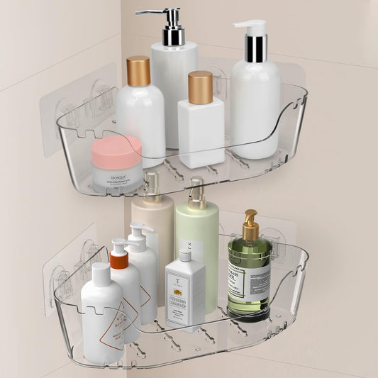 EEKEDO Corner Shower Caddy, 2 Pack Clear Acrylic Corner Shower Shelves Adhesive No Drilling Wall Mounted Shower Rack with Hooks for Bathroom Shampoo Organizer Kitchen Holder