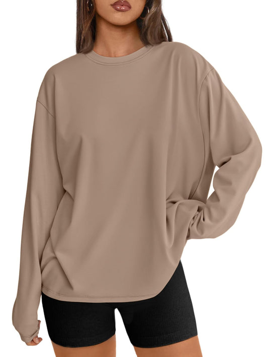Trendy Queen Womens Oversized Long Sleeve T Shirts 2025 Basic Crewneck Tee Fall Tops Casual Workout Y2K Clothes Khaki L