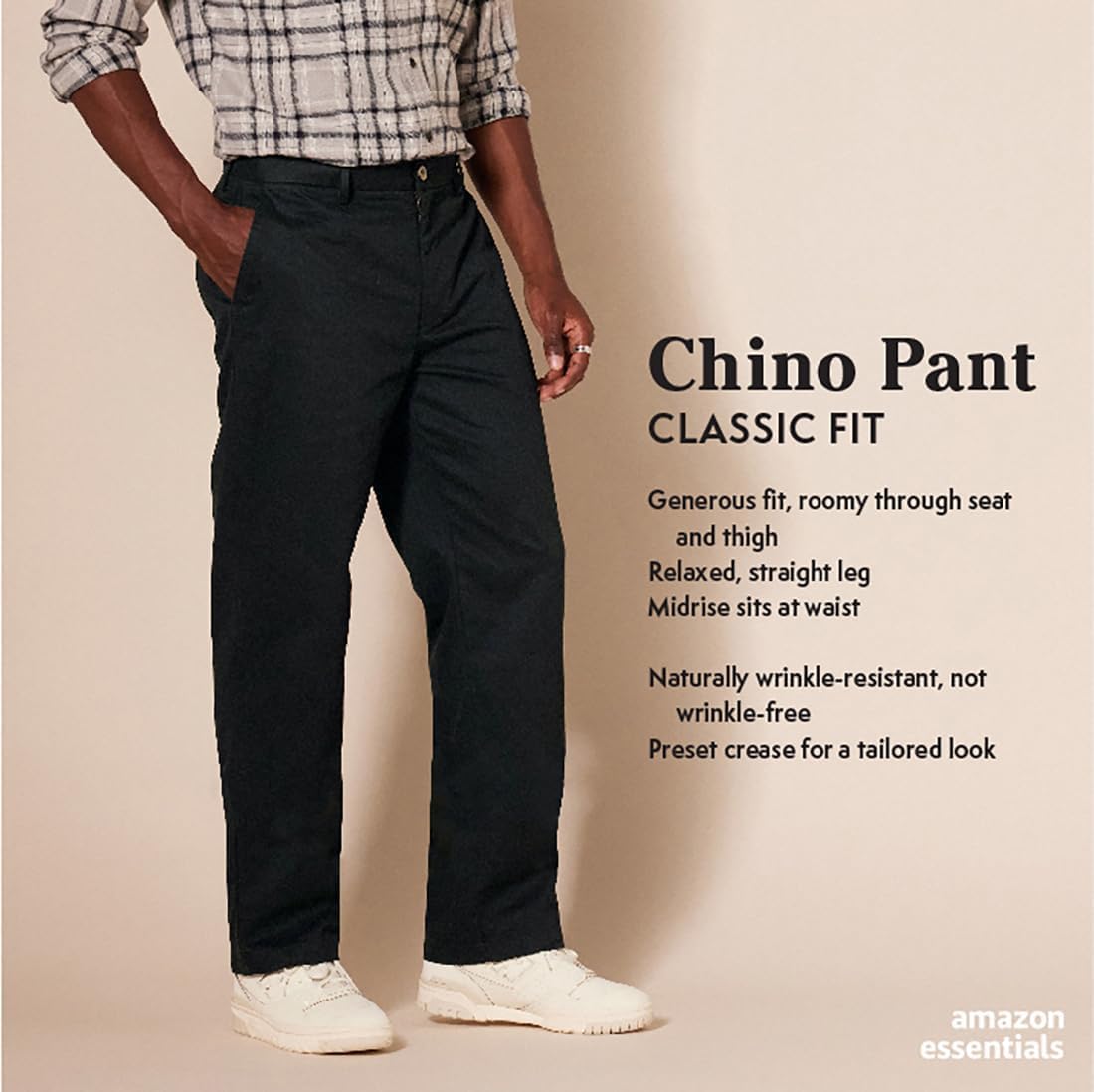 Amazon Essentials Men's Classic-Fit Wrinkle-Resistant Flat-Front Chino Pant, Black, 36W x 29L