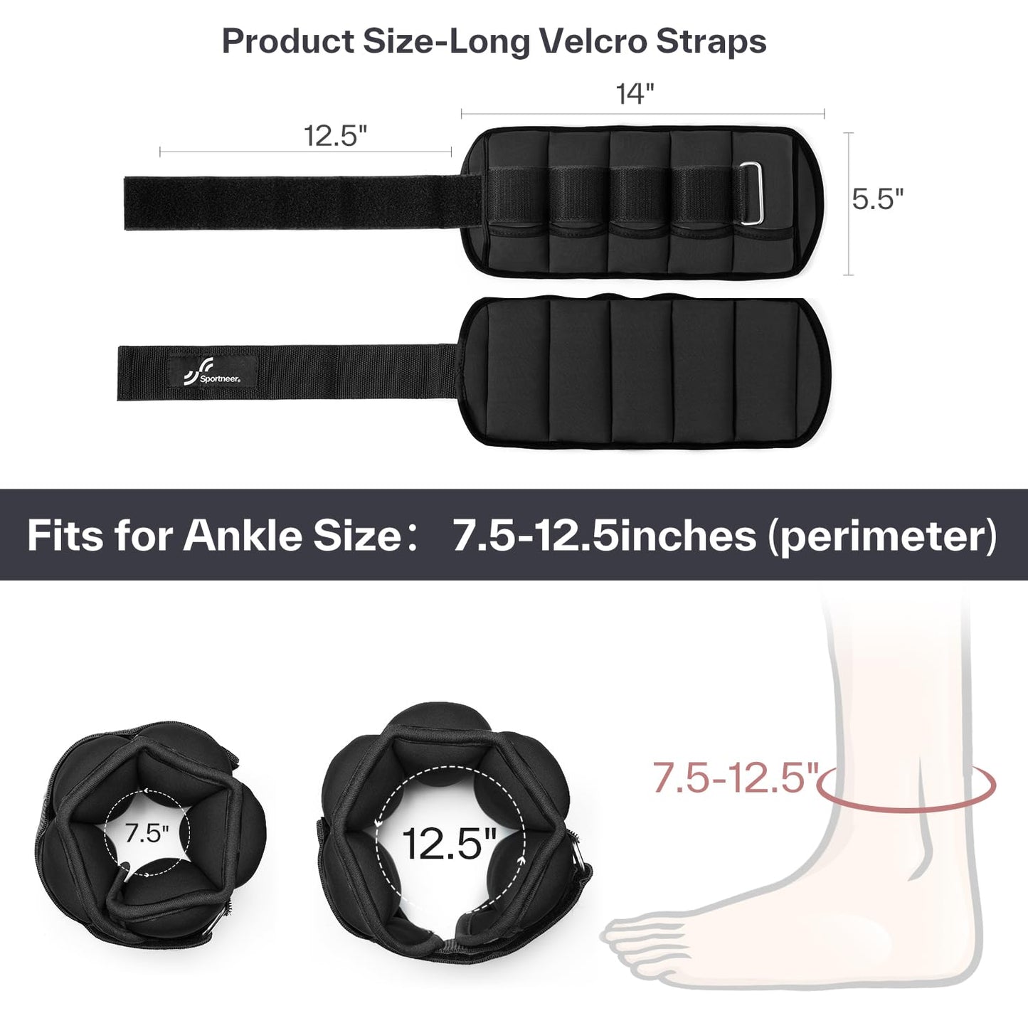 Sportneer Adjustable Weighted Ankle Weights Set 1 Pair 2 4 6 8 10 Lbs Leg Weight Straps for Women Men for Gym,Fitness, Workout,Walking, Jogging,1-5 lbs for Each Ankle, 1 Pair 2-10 lbs (Black)