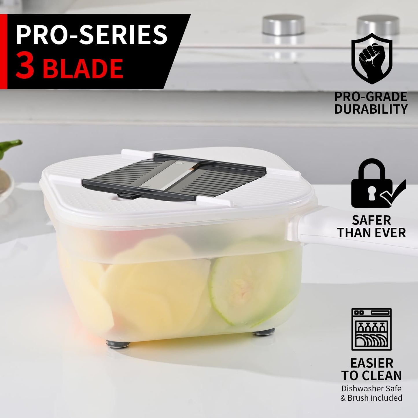 Vegetable Chopper, 3 Blade Veggie Chopper with 7.6 Cup Container, Mandoline Slicer Fruit Cutter with Strainer Basket & Safety Holder, BPA & PFAS Free Food Chopper for Onion Potato Carrot