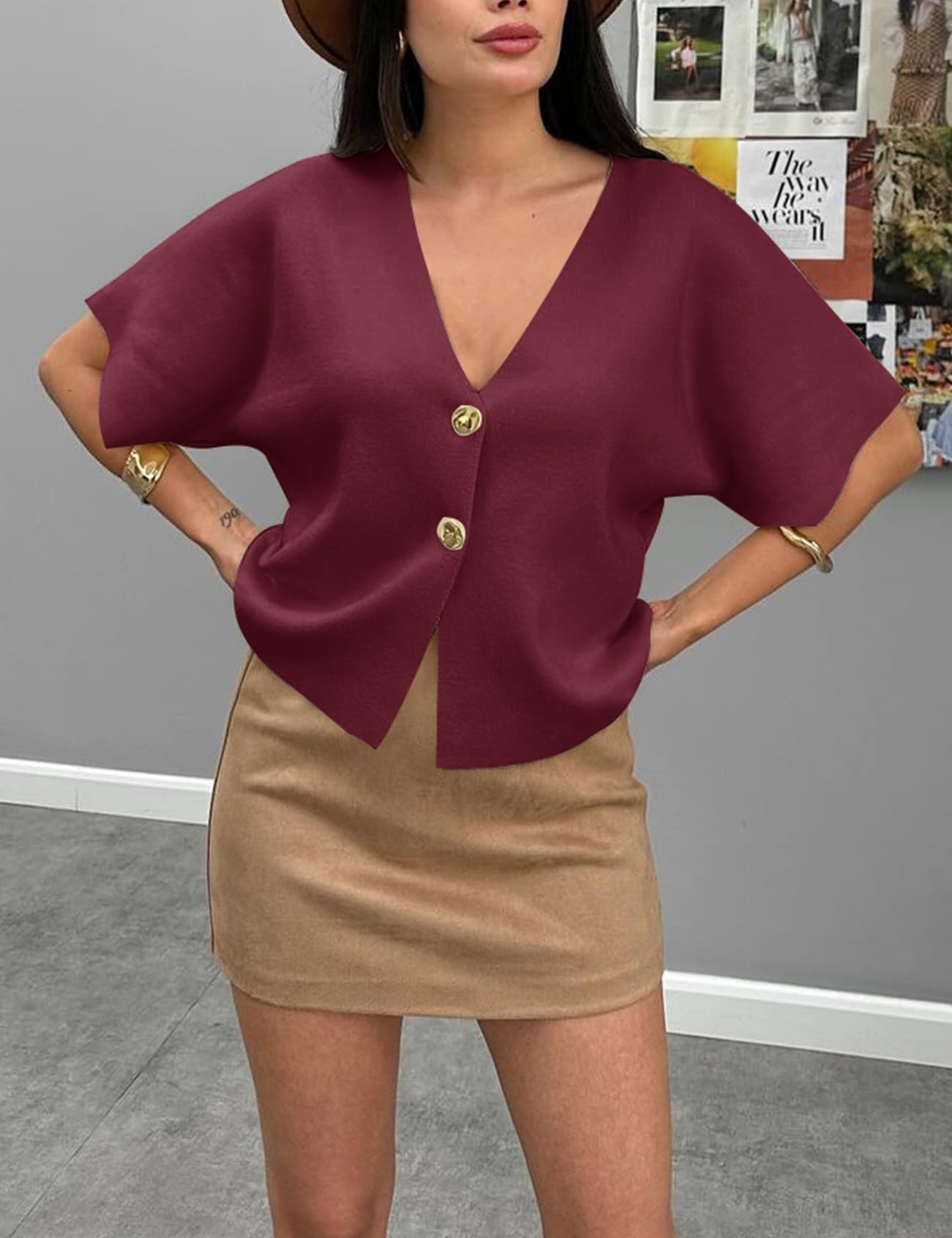 hathne Women's V Neck Short Sleeve Cardigan Sweater Button Down Ribbed Knit Tops(Wine Red,S