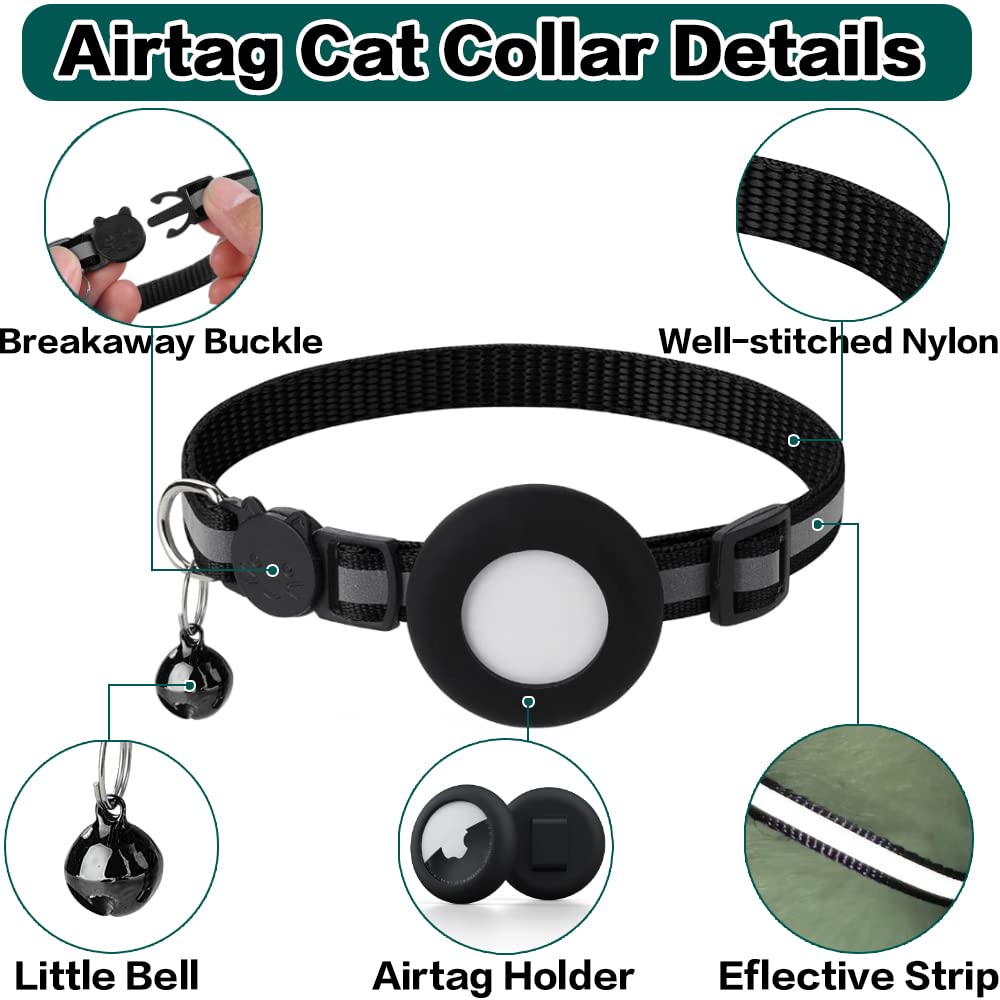 Dgerp Airtag Cat Collar Breakaway, Reflective Kitten Collar with Apple Air Tag Holder and Bell for Girl Boy Cats, 0.4 Inches in Width and Lightweight(Black)