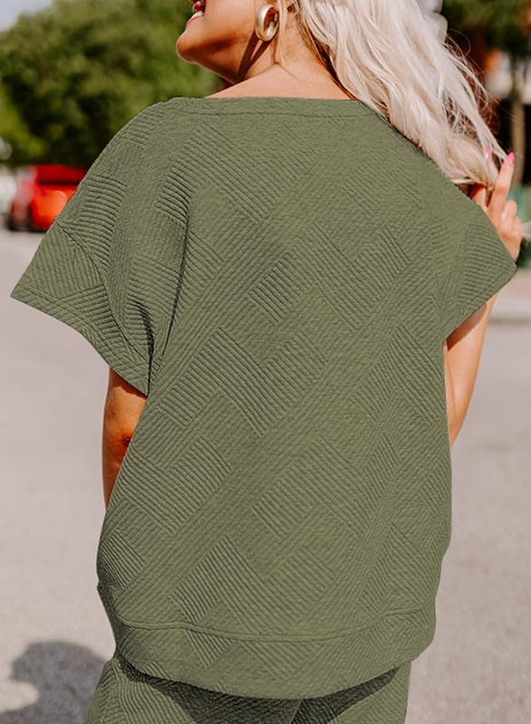 Women's 2 Piece Outfits Lounge Sets Summer Textured Batwing Sleeve Pullover Tops Wide Leg Pant Set(Army Green,S)