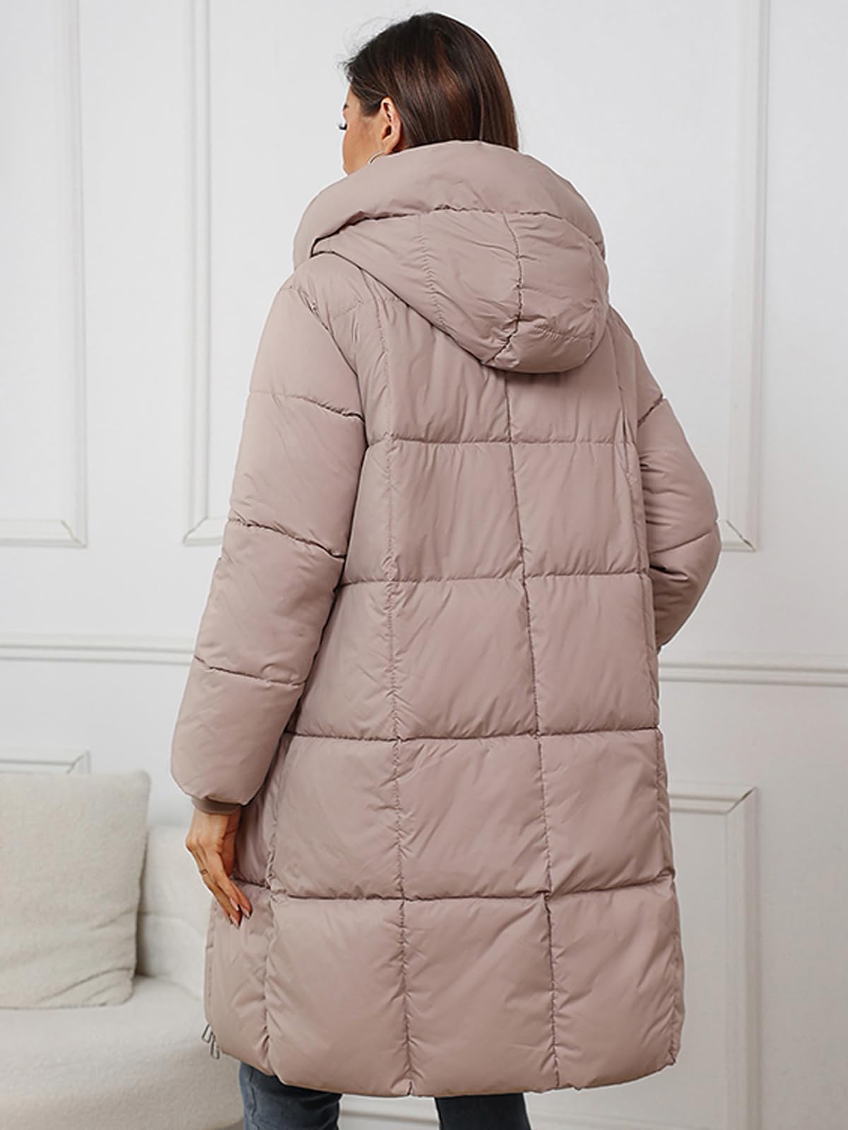 hathne Women's Winter Long Puffer Coat Hooded Lightweight Padded Jacket Outerwear with Pockets(Khaki,L)