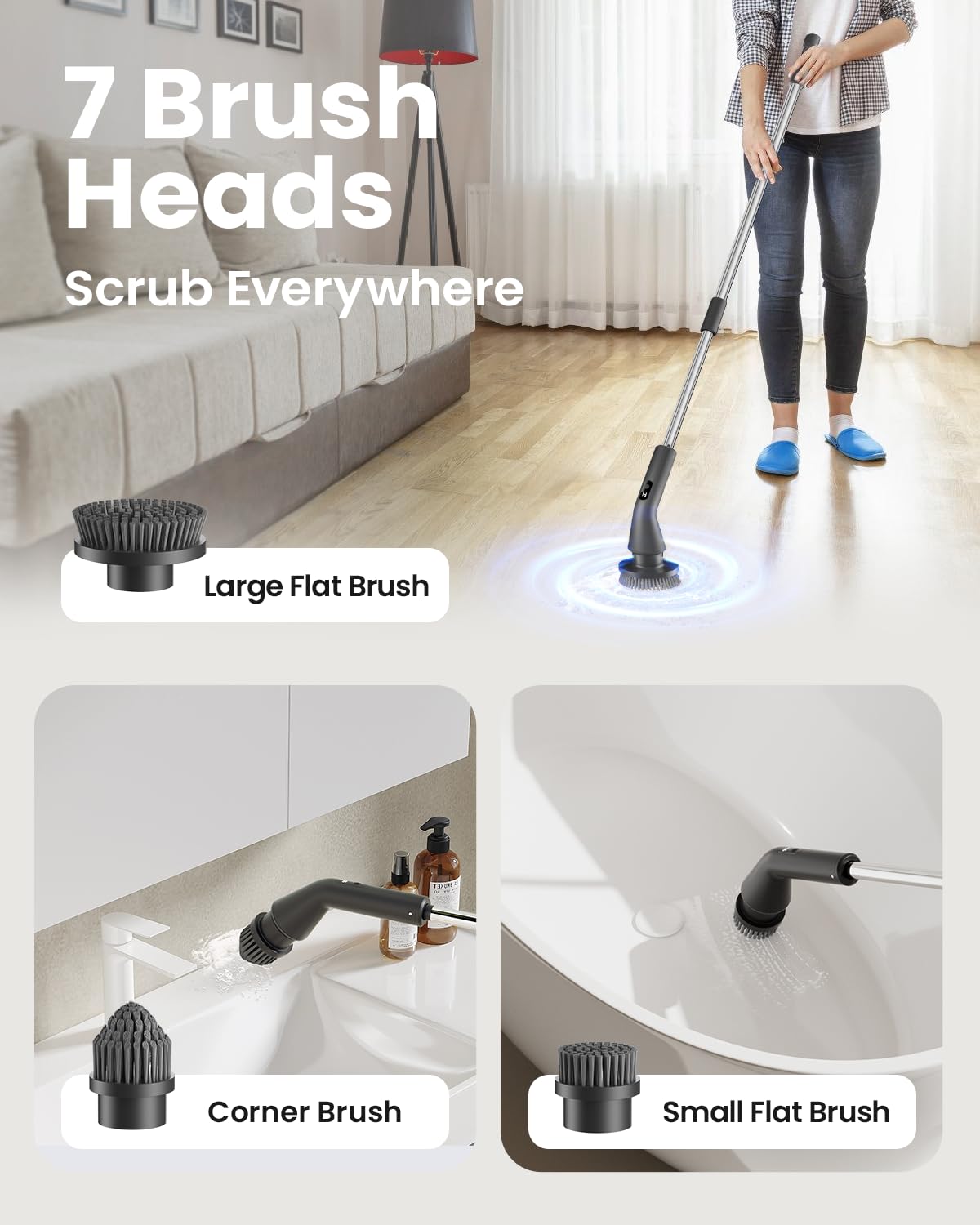 Topmako Electric Spin Scrubber, 2025 New Cordless Cleaning Brush for Home, IPX7 Waterproof Spin Scrubber with 7 Brush Heads, Adjustable Long Handle and 2 Rotating Speeds for Bathroom Tub Floor