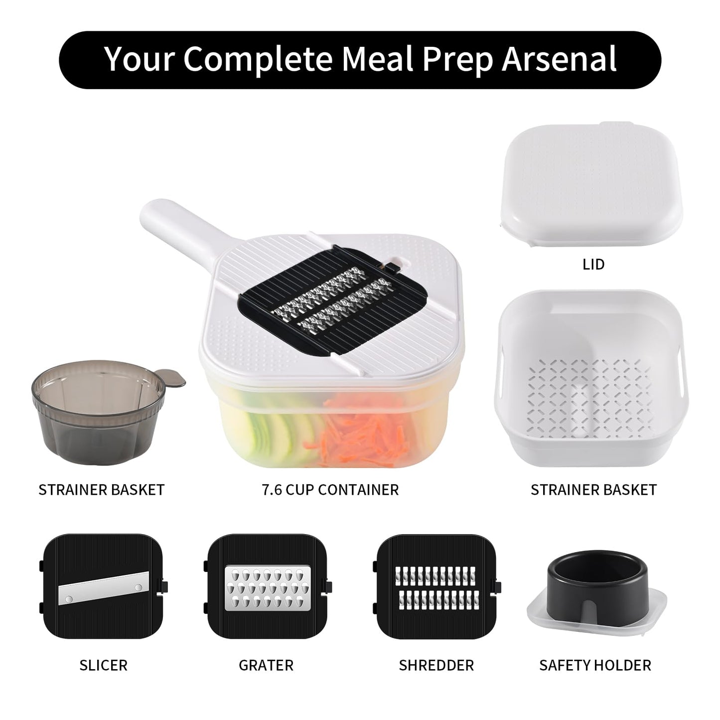 Vegetable Chopper, 3 Blade Veggie Chopper with 7.6 Cup Container, Mandoline Slicer Fruit Cutter with Strainer Basket & Safety Holder, BPA & PFAS Free Food Chopper for Onion Potato Carrot