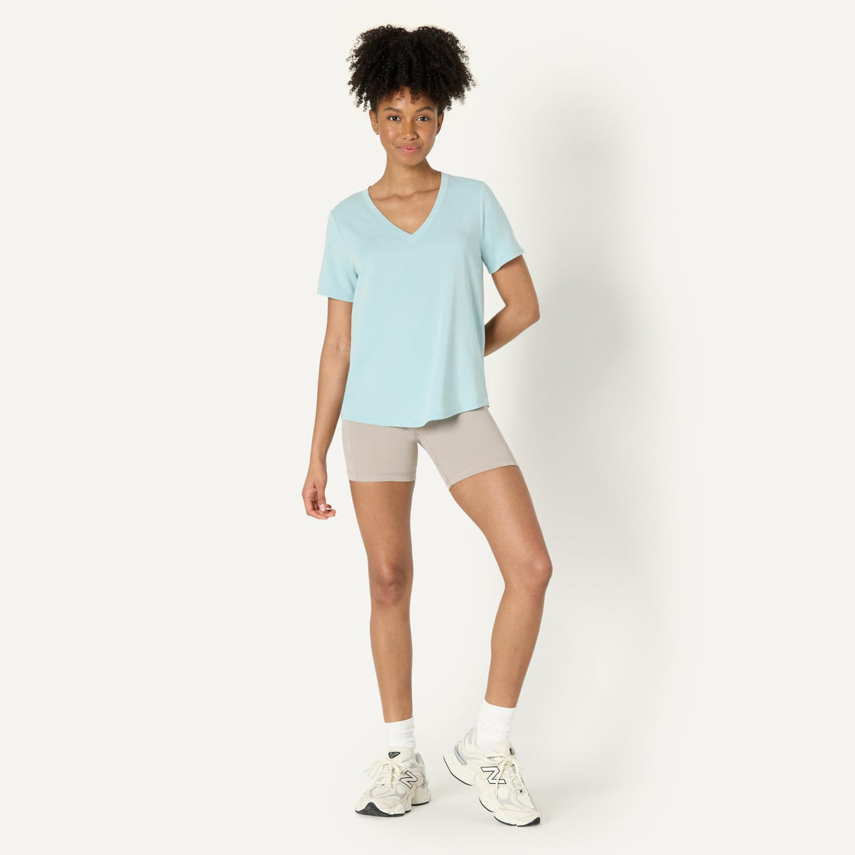 Amazon Essentials Women's Active Soft Cotton Modal V-Neck Short Sleeve Lightweight Yoga Workout T-Shirt with Curved Hem, Light Blue, Large