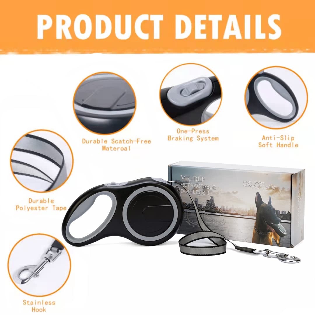 26Ft Retractable Dog Leash, Heavy Duty Great Leash for Dog up to 110 lbs, Anti-Slip Rubberized Handle, One-Handed Brake, Strong Nylon Tape, Tangle Free(Large Size).