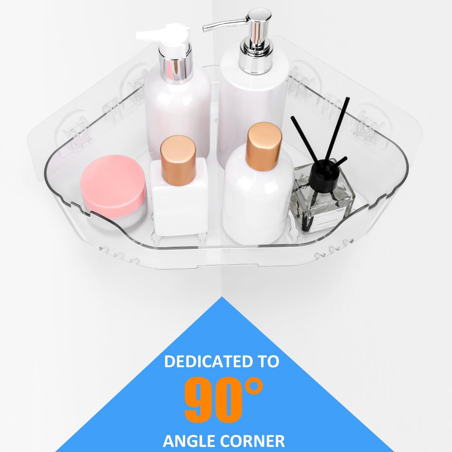 EEKEDO Corner Shower Caddy, 2 Pack Clear Acrylic Corner Shower Shelves Adhesive No Drilling Wall Mounted Shower Rack with Hooks for Bathroom Shampoo Organizer Kitchen Holder