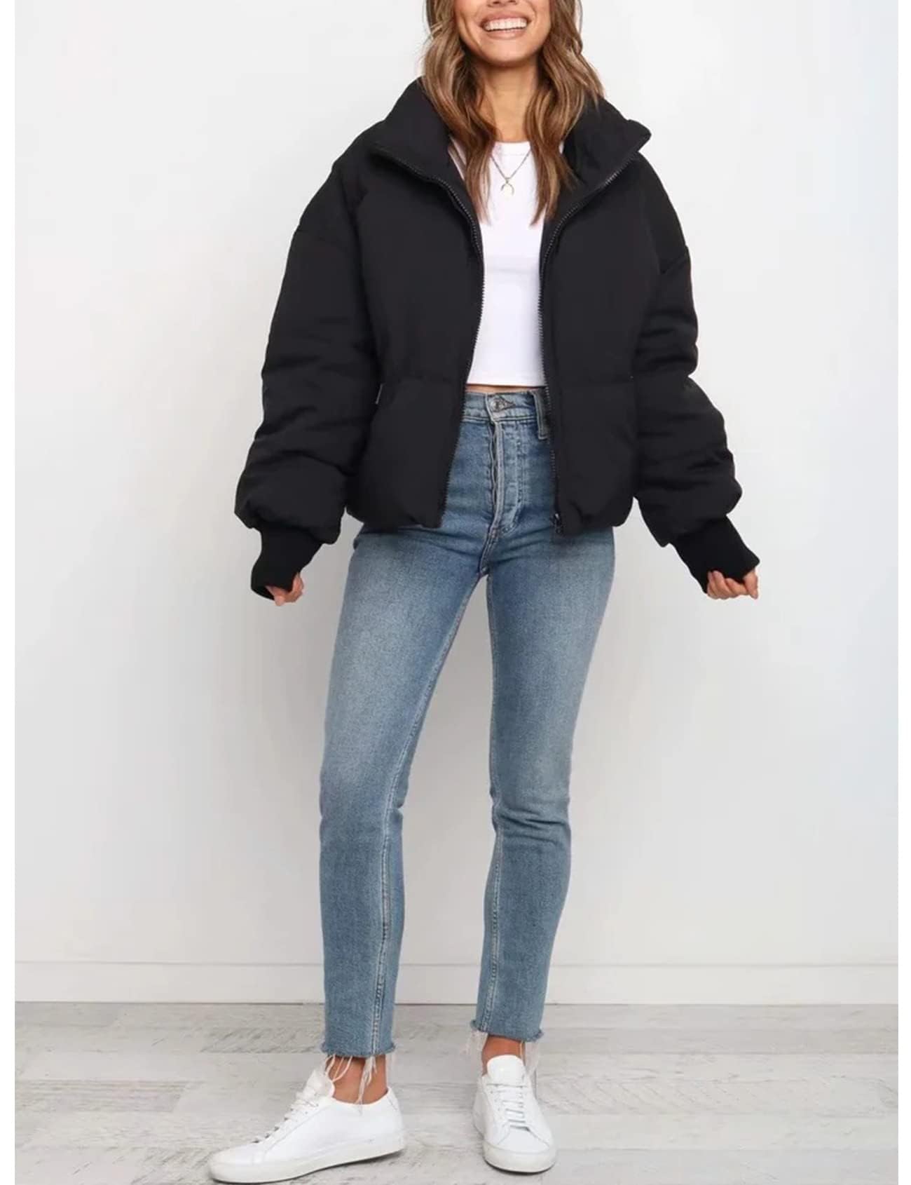 Gihuo Women’s Winter Cropped Puffer Jacket Coat Short Warm Quilted Jacket(Black-M)