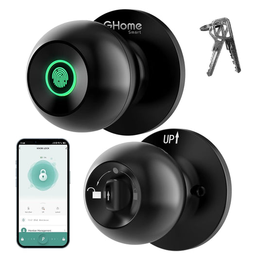 GHome Smart Fingerprint Door Lock, 3 in 1 Smart Fingerprint Door Knob with App Control & Key, Auto Lock, Biometric Thumbprint Door Locks for Bedroom, Garage, Home & Office