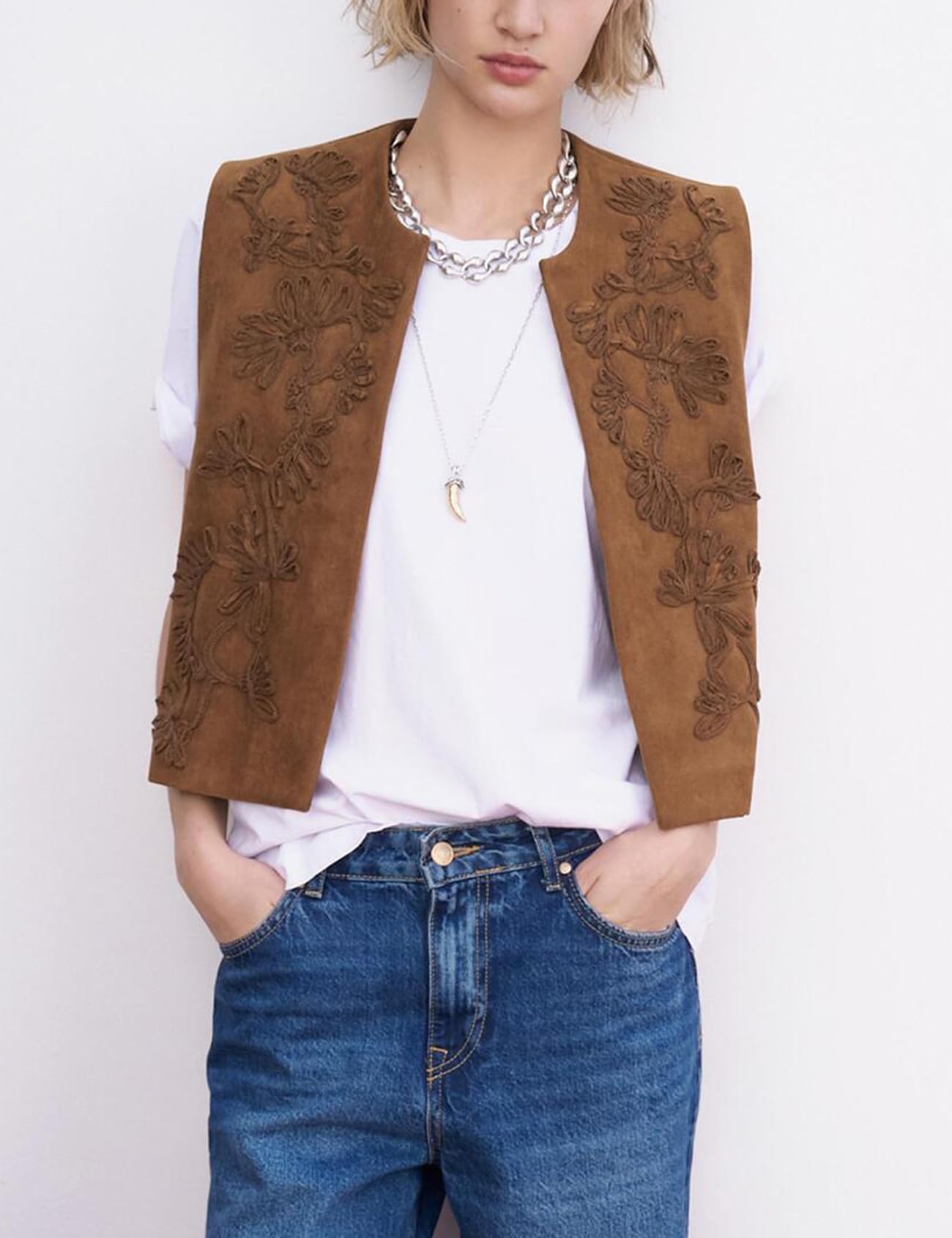 hathne Embroidered Faux Suede Vest for Women Floral Embroidered Vest Sleeveless Open Front Vintage Vests(Khaki,L)