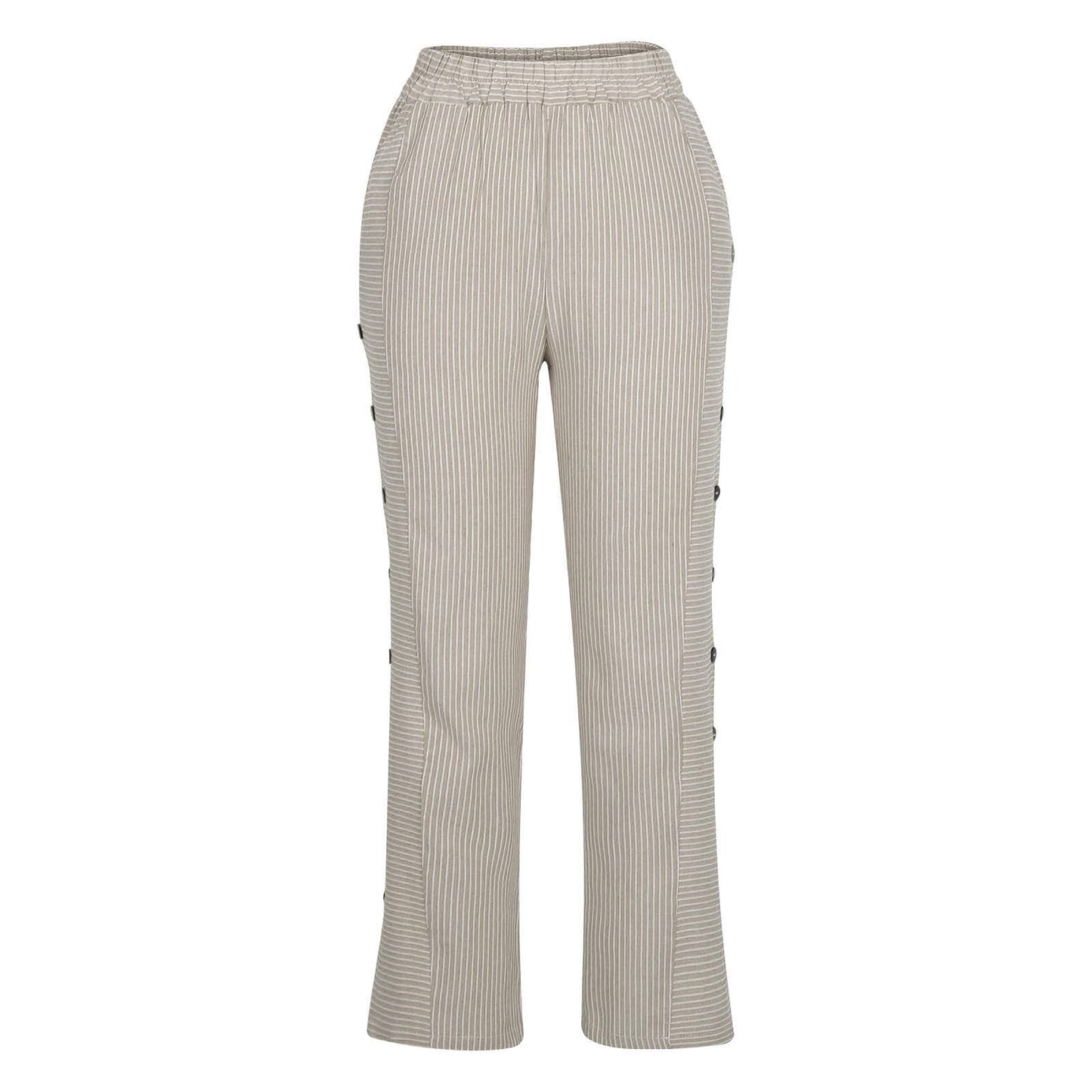 Striped Linen Pants for Women Plus Size Elastic Waist Straight Leg Trousers Side Button Casual Beach Vacation Pant Khaki L