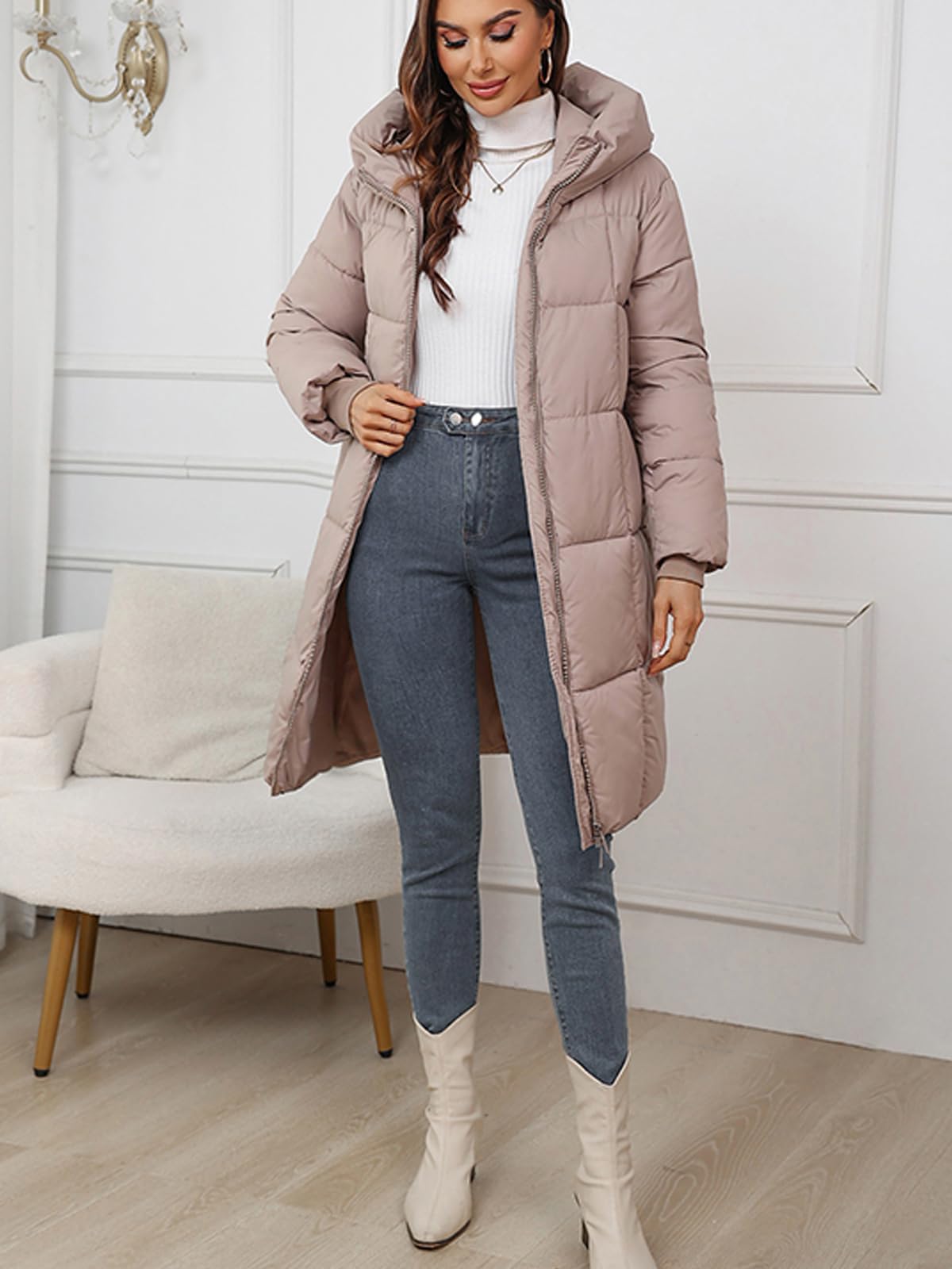 hathne Women's Winter Long Puffer Coat Hooded Lightweight Padded Jacket Outerwear with Pockets(Khaki,L)