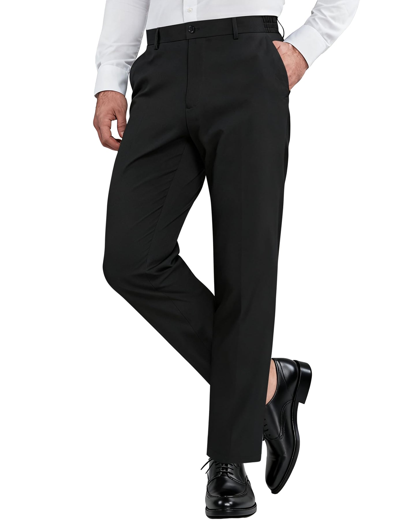 DOWMQ Mens Dress Pants Classic Fit Work Slacks 28"/30"/32" Lightweight Expandable Waist Trousers Casual Golf Pants Black,34Wx28L