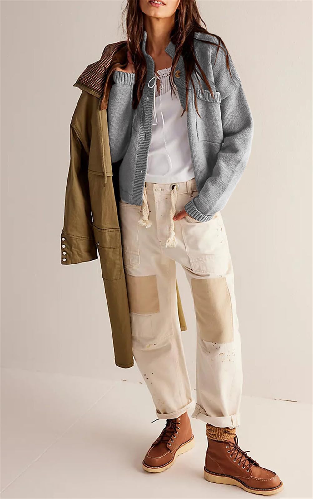 hathne Cardigan Sweaters for Women Trendy Oversized Open Front Button Short Cardigan Jackets Fall Winter(Grey,M)