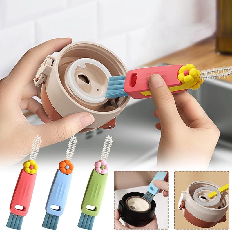 3 in 1 Cup Lid Cleaning Brush, 2024 New Crevice Cleaning Brush Set for Baby Bottle Gap Tight Spaces Cup, 3 in 1 Multifunctional Cleaning Brush Portable Cup Lid Cleaner with Brush(B)
