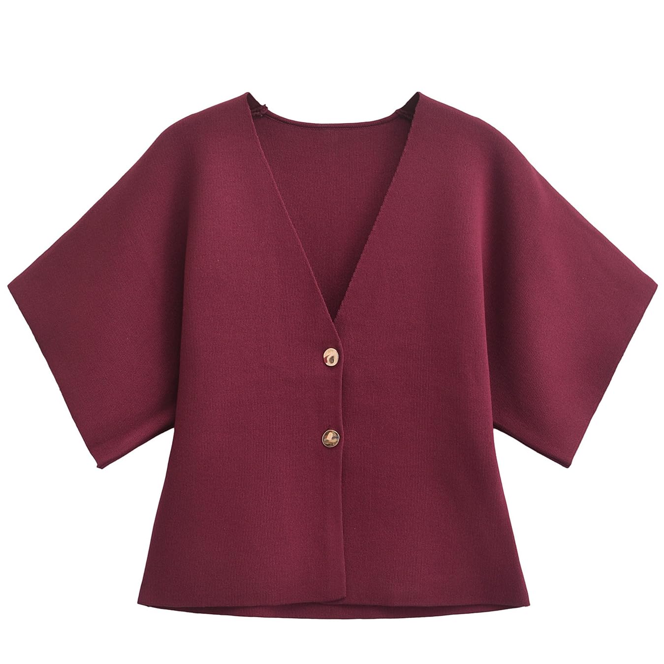 hathne Women's V Neck Short Sleeve Cardigan Sweater Button Down Ribbed Knit Tops(Wine Red,S