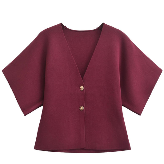 hathne Women's V Neck Short Sleeve Cardigan Sweater Button Down Ribbed Knit Tops(Wine Red,S