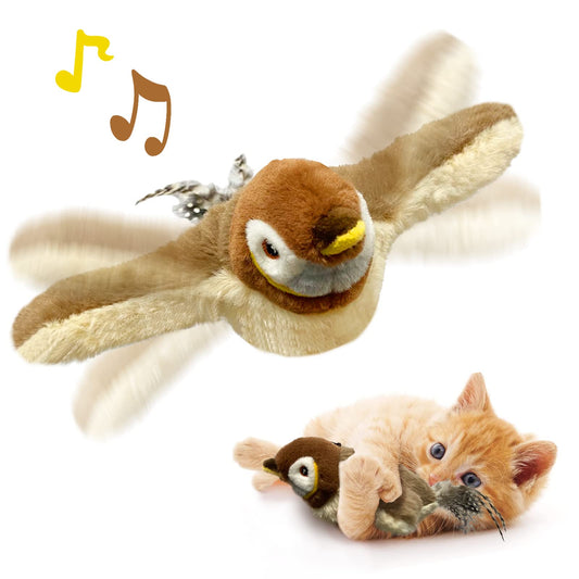 KreizyGo Cat Toys, Flapping Wings Sparrow, No Flying, Chirping Bird Interactive Catnip Toy for Kitten or Small Dogs, Touch Activated, Rechargeable