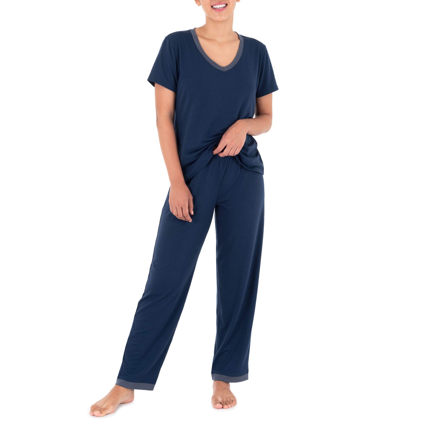 Fruit of the Loom Women's Short Sleeve Tee and Pant 2 Piece Sleep Set, Midnight Blue, Medium