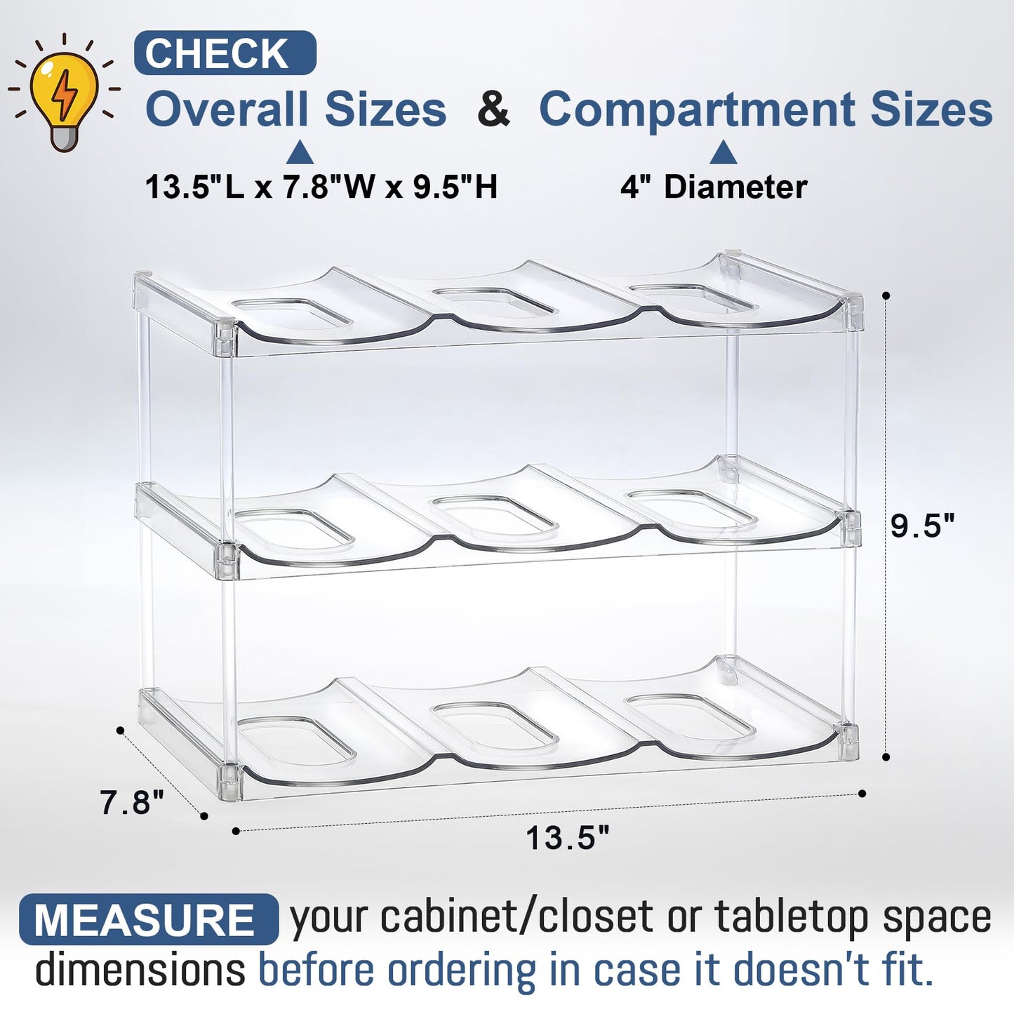 LARGER Compartment - Stackable Water Bottle Organizer Holder - for Stanley & Others' Large Tumbler - Clear Wine Rack, Cup Bottle Holder for Cabinet Home Countertop Fridge Pantry Shelf, 3 Tier Hold 9