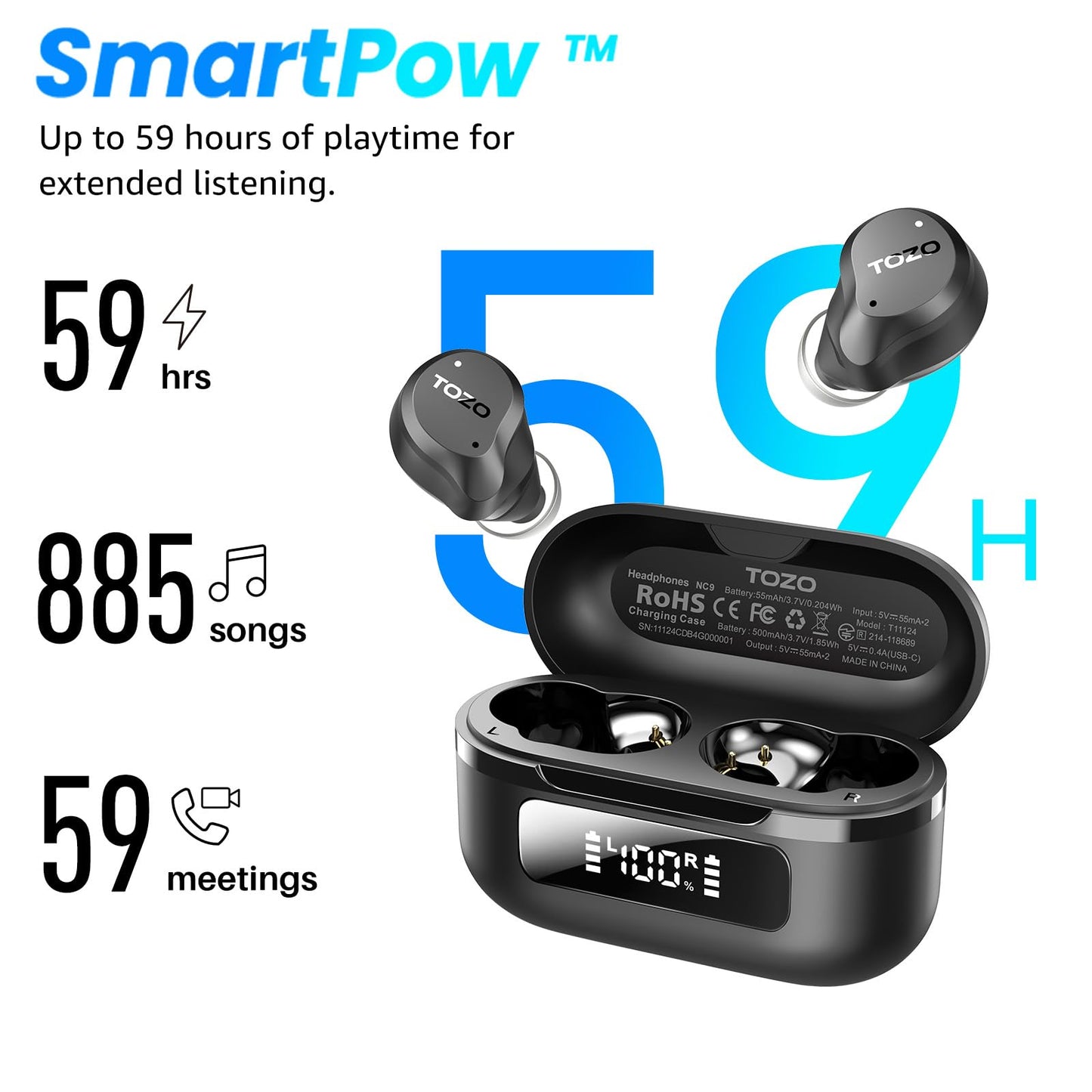 TOZO NC9 Hybrid Active Noise Cancelling Wireless Earbuds, 6 Mics ENC Clear Call, IPX8 Waterproof, in Ear Bluetooth 5.3 Headphones Stereo Bass Ear Buds 59H Playtime with LED Display 32 EQs via APP